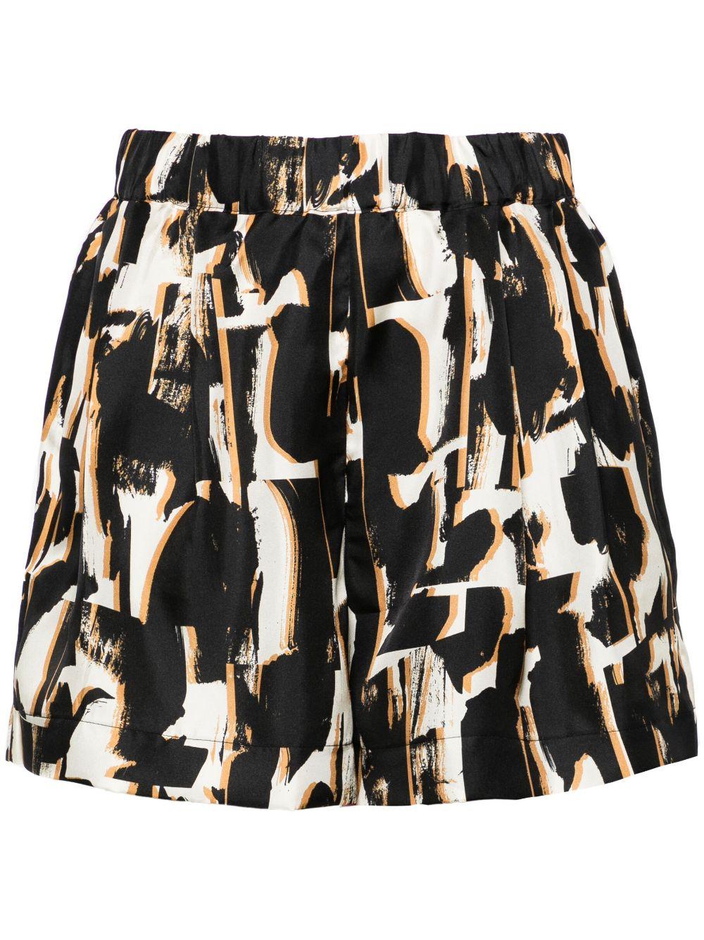 brown abstract-print silk shorts