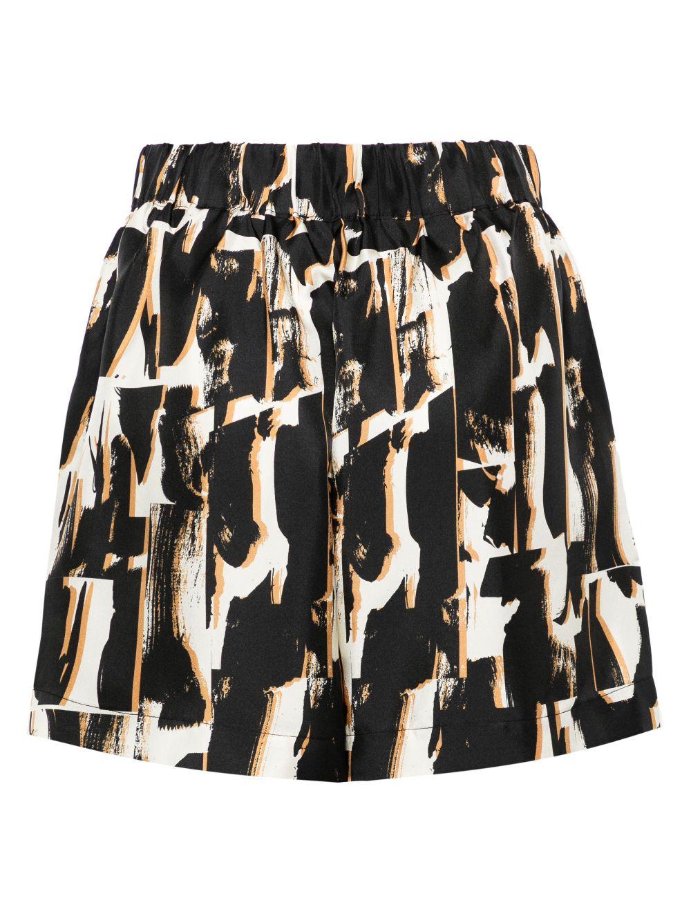 brown abstract-print silk shorts