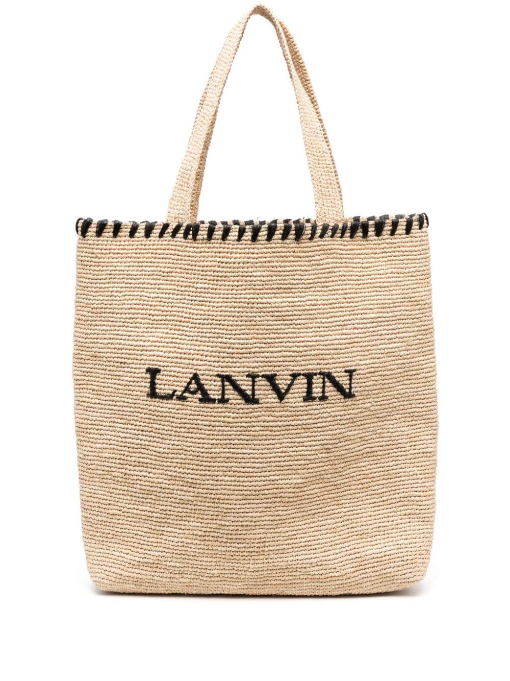 logo-embroidered raffia tote bag