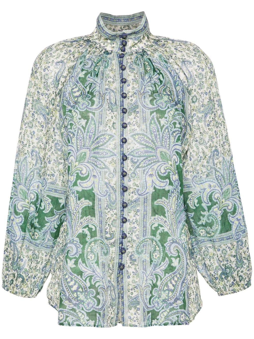 Green And White Paisley Print High Neck Shirt