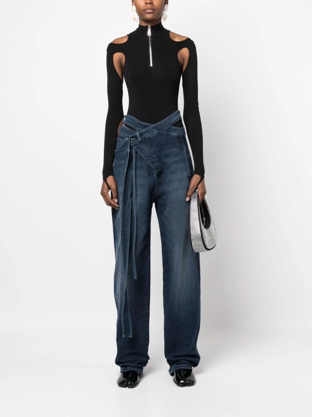 wrap-style cut-out straight-leg jeans