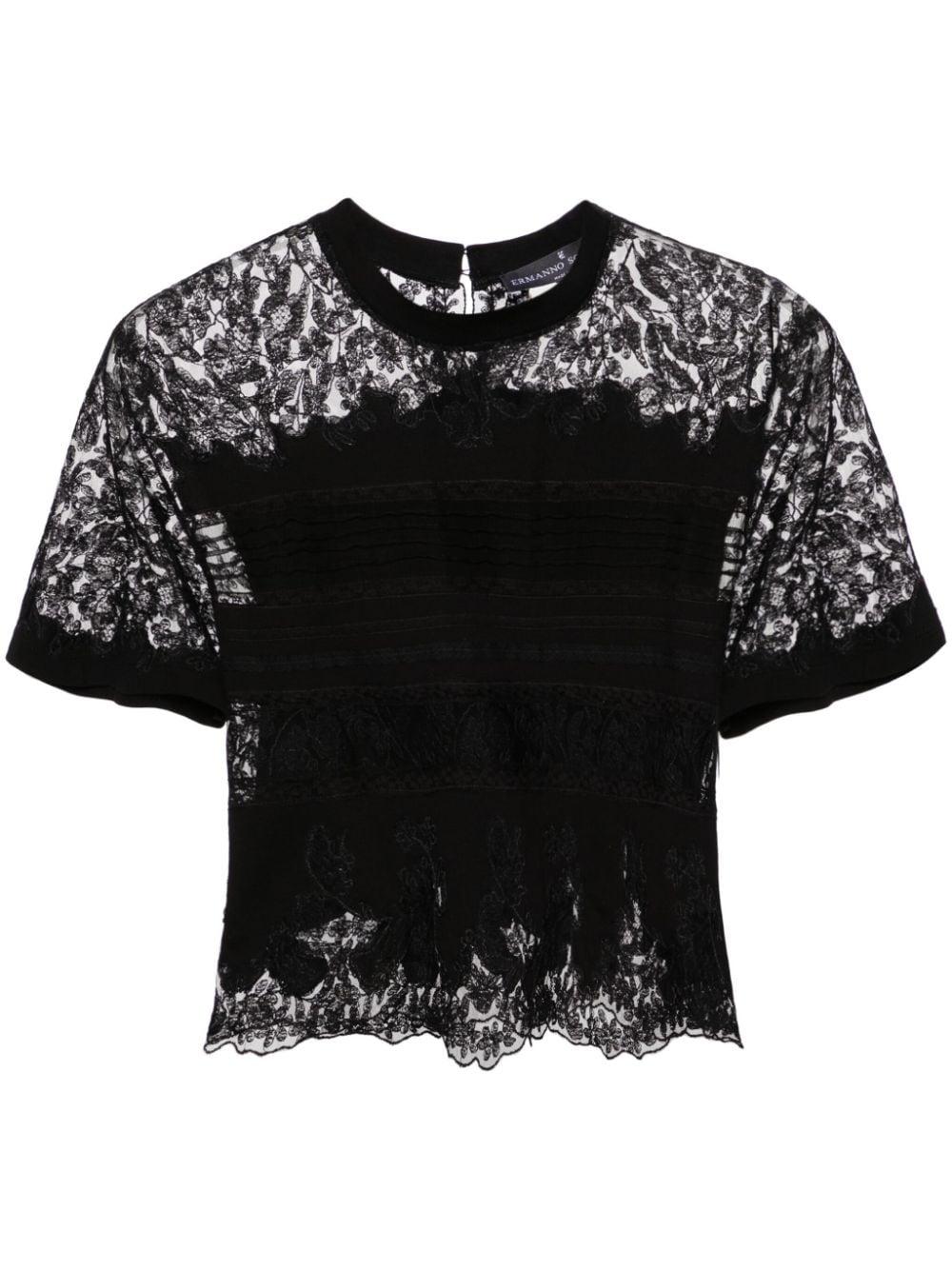 lace-panelling cropped T-shirt