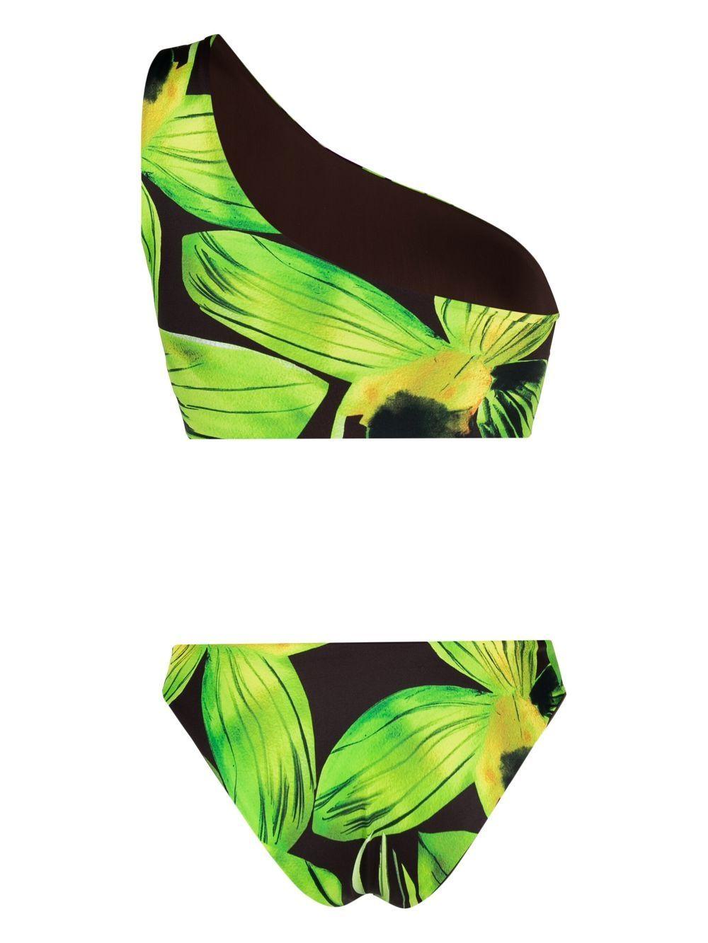 leaf-print one shoulder swimsuit