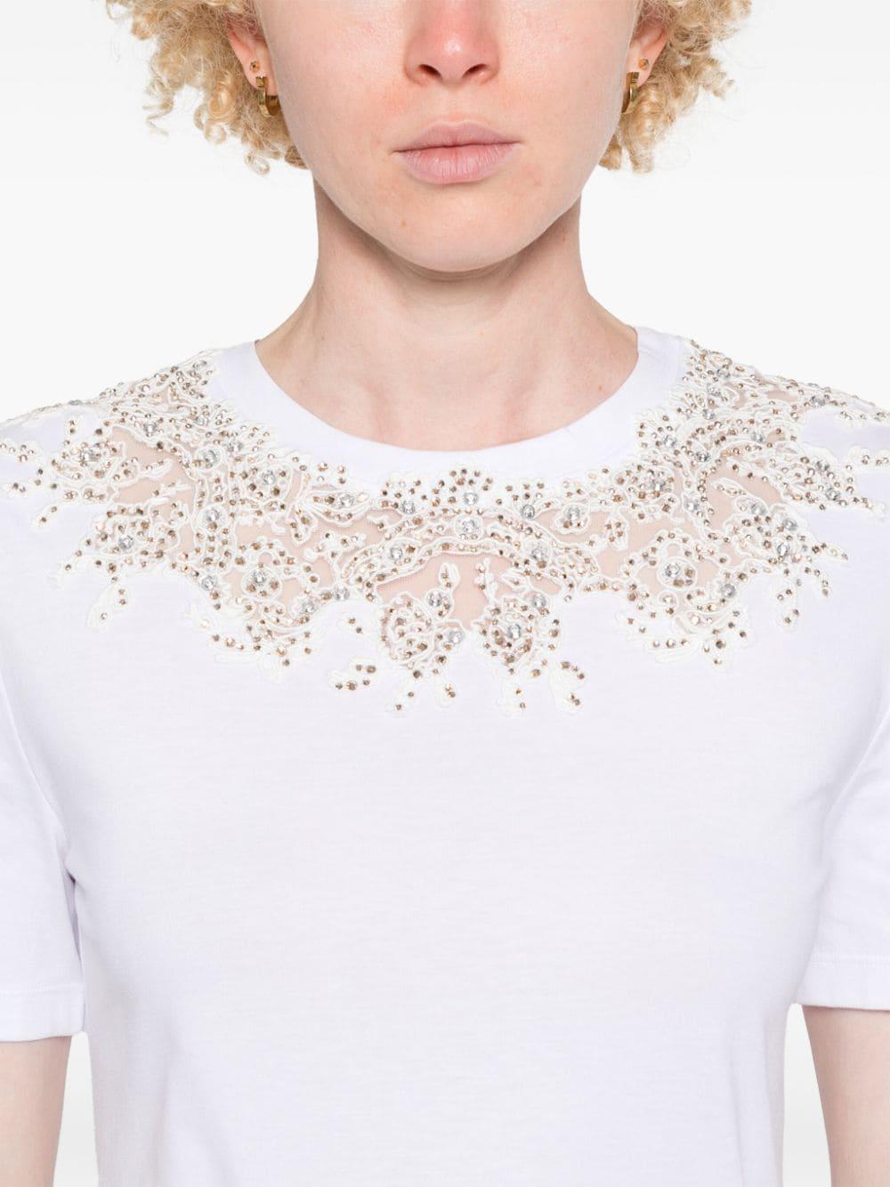 lace-detail crystal-embellished T-shirt