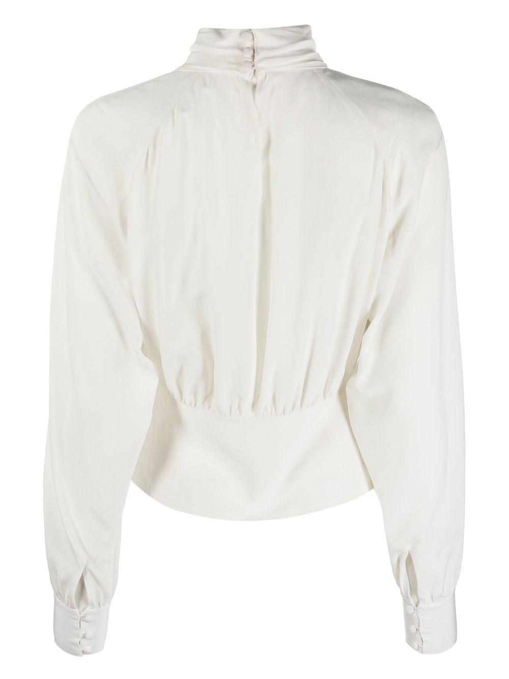 mock-neck silk blouse