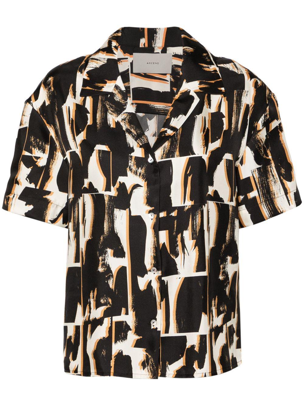 brown abstract-print silk shirt