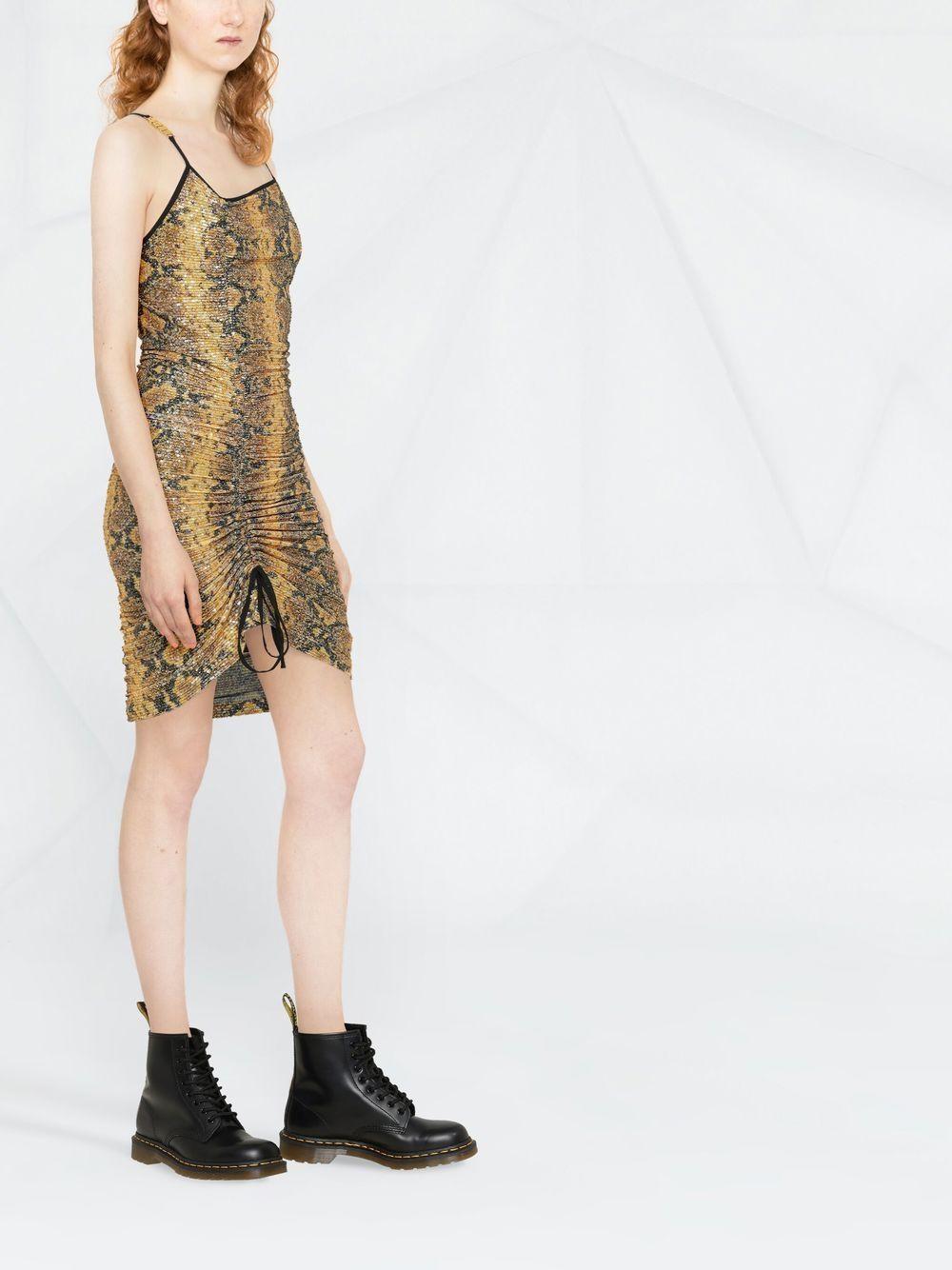 snakeskin print gathered mini dress