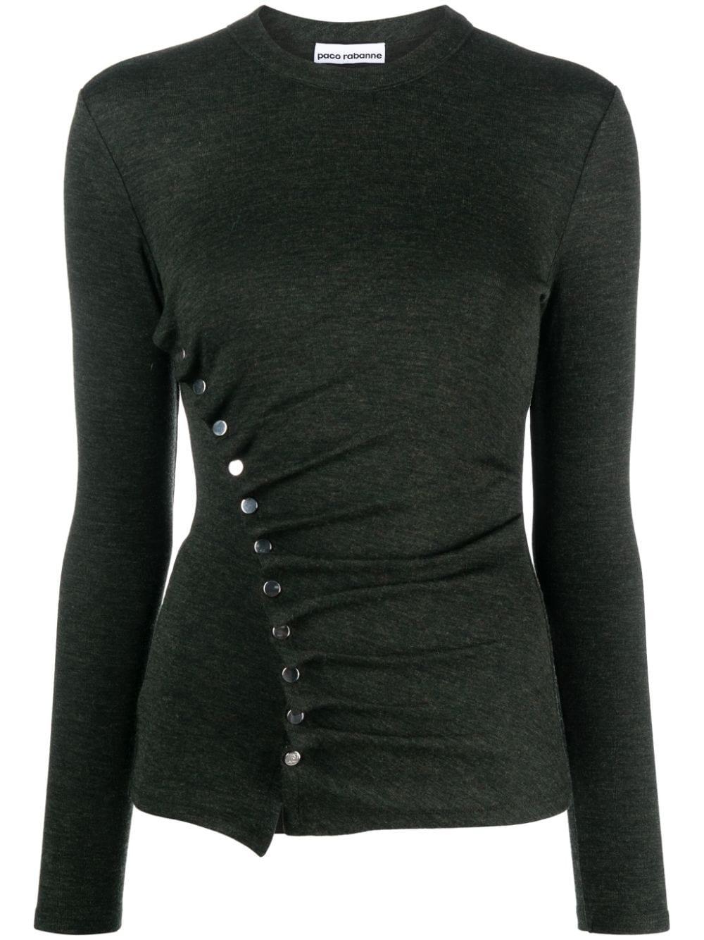 stud-embellished gathered knitted top