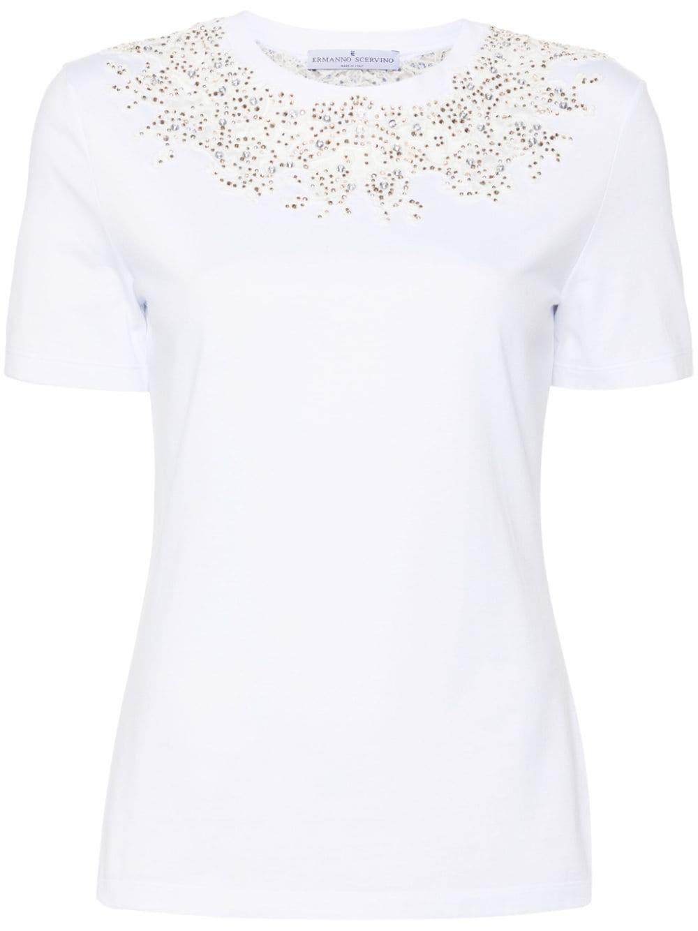 lace-detail crystal-embellished T-shirt