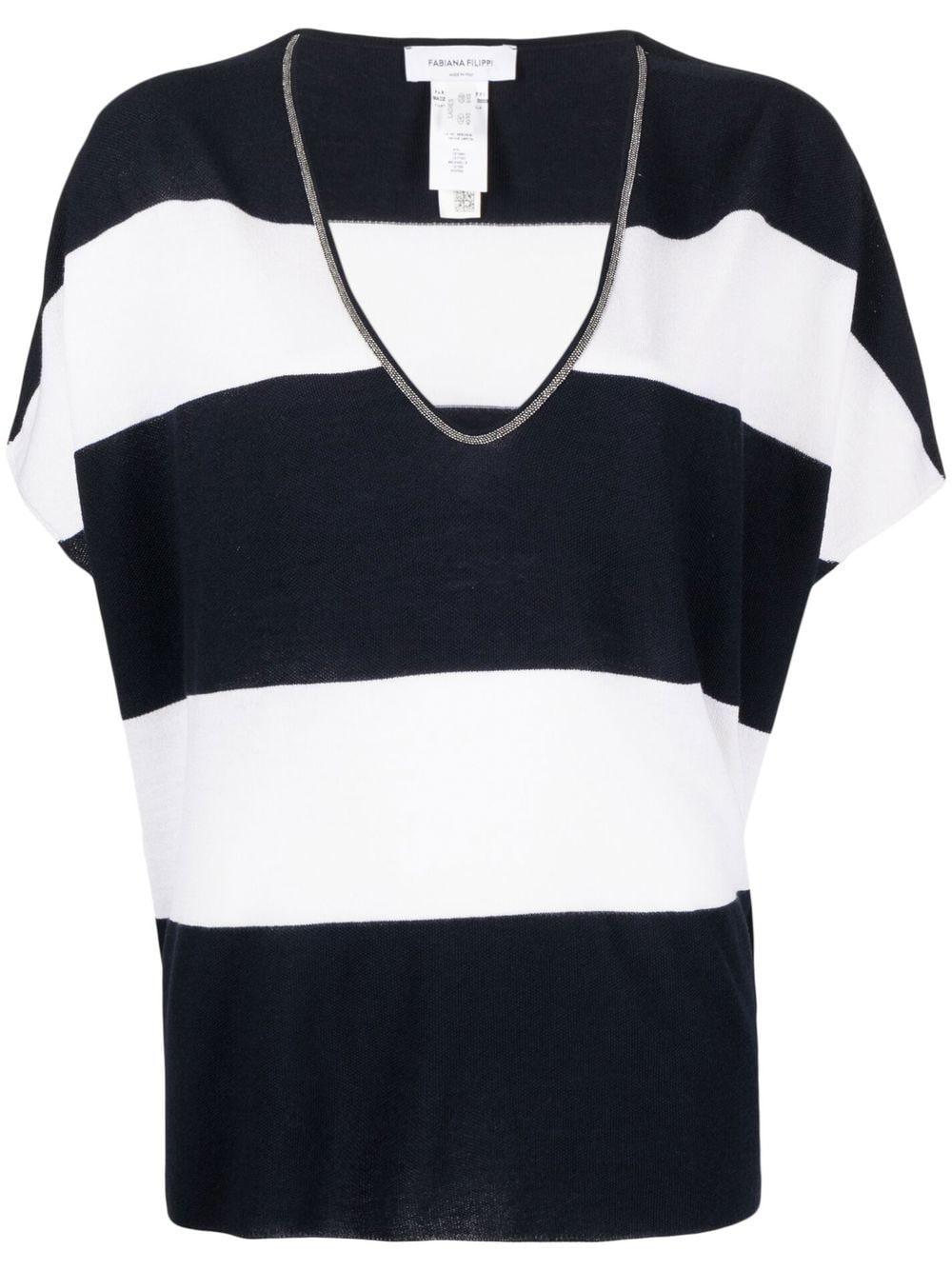 bead-embellished striped knitted T-shirt