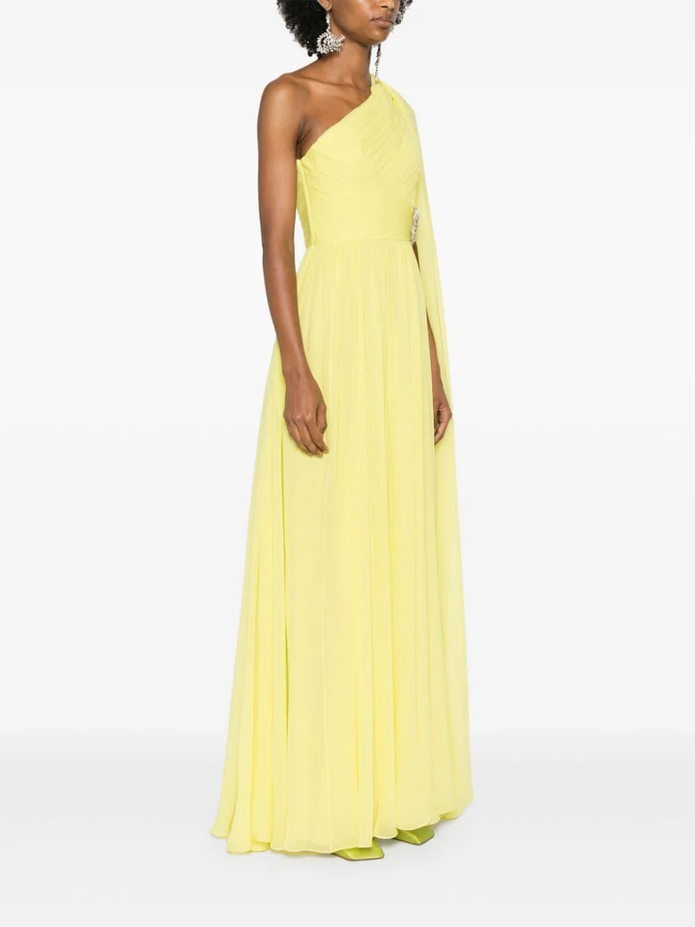 draped one-shoulder gown