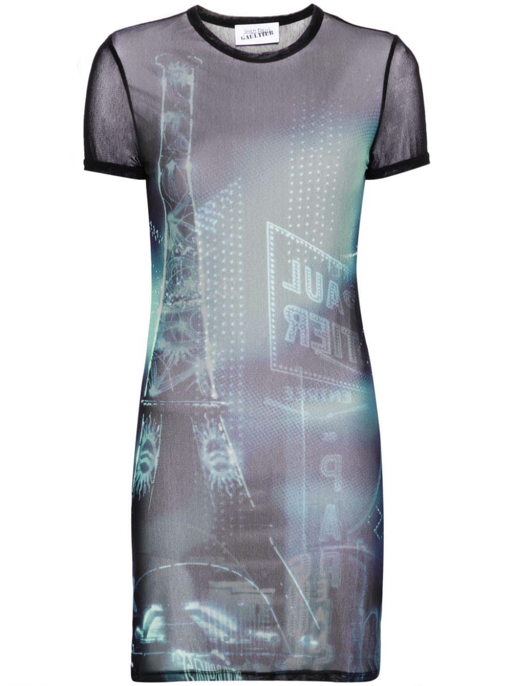 Pigalle-print mesh mini dress