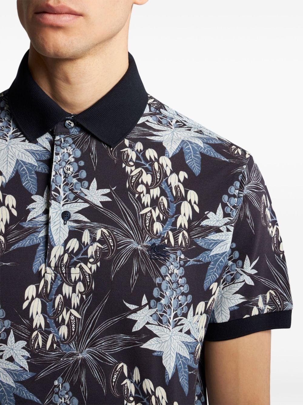 leaf-print cotton polo shirt