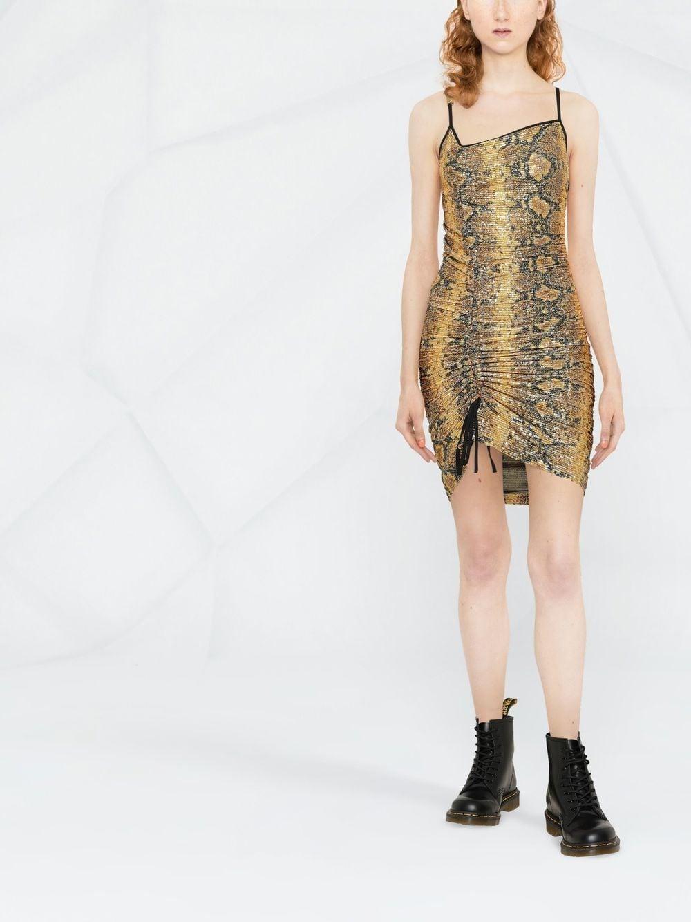 snakeskin print gathered mini dress