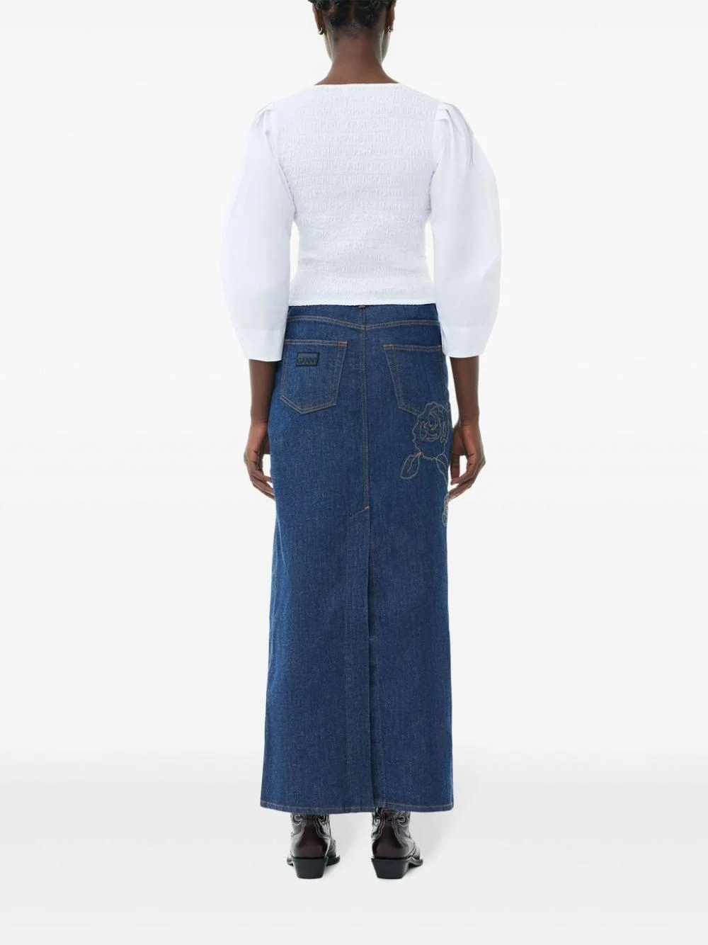 Rose denim maxi skirt