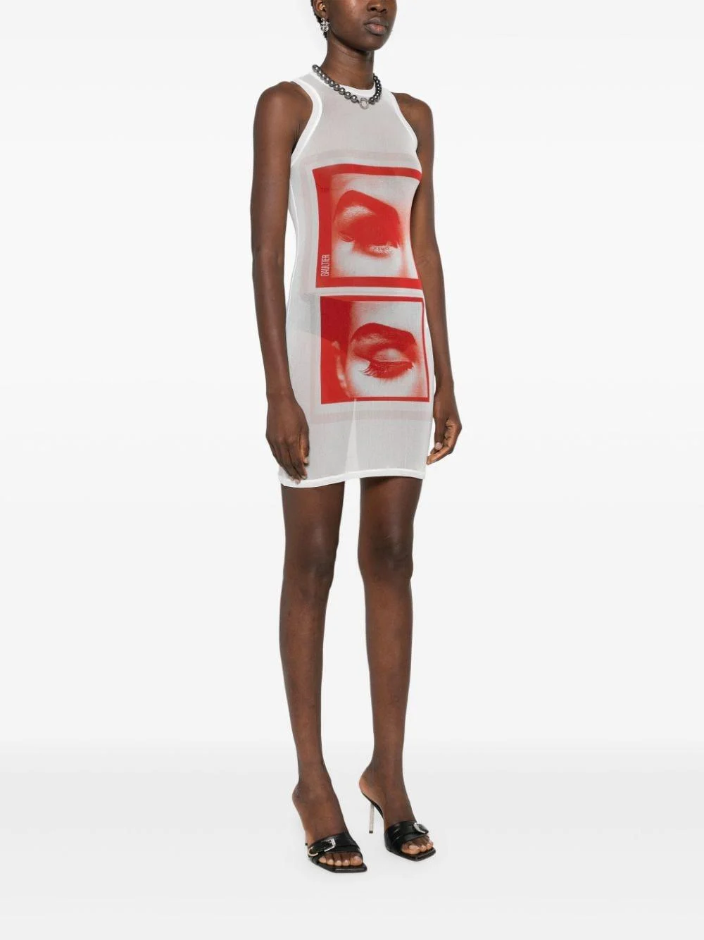 face-print mesh mini dress