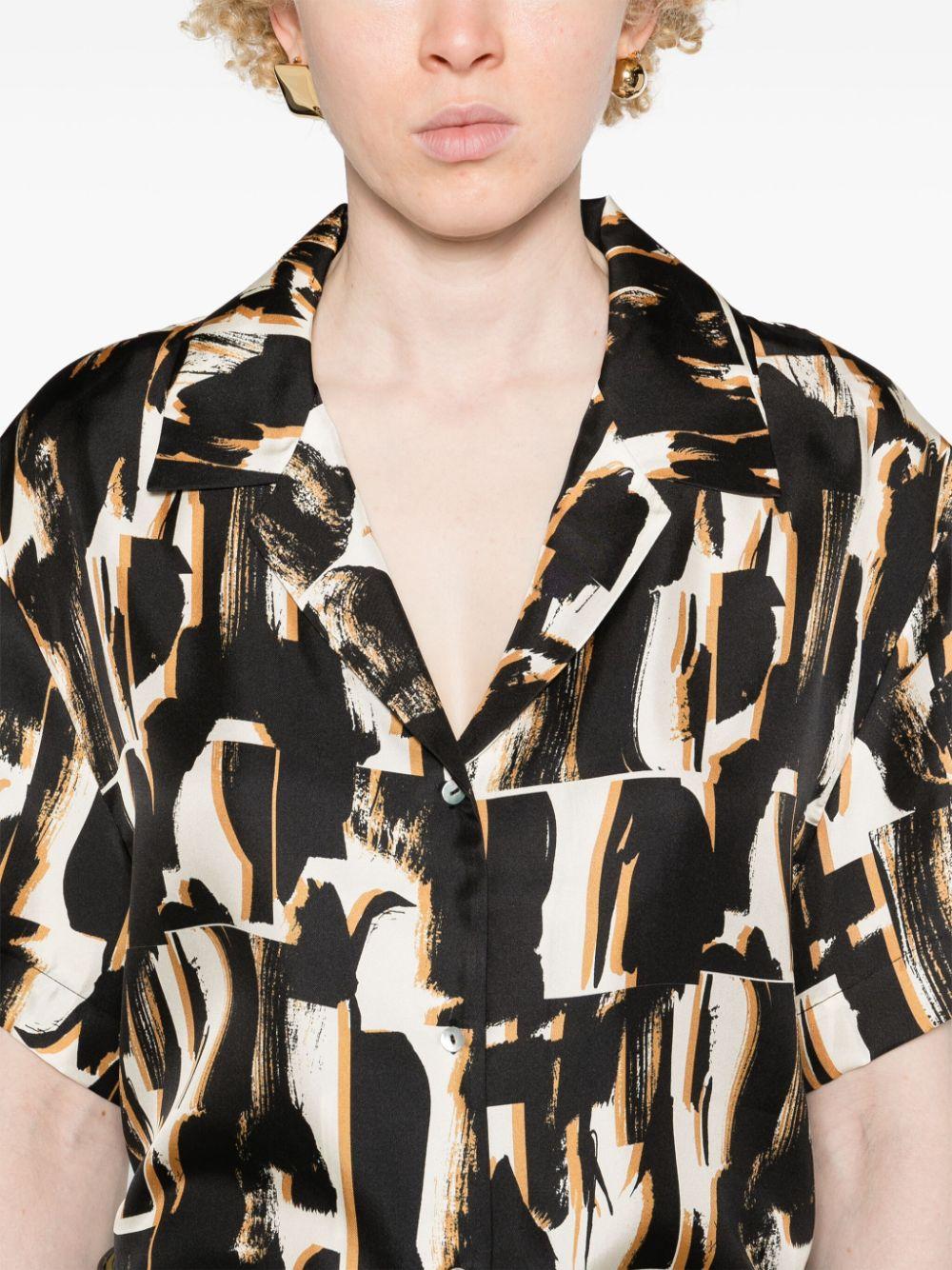 brown abstract-print silk shirt