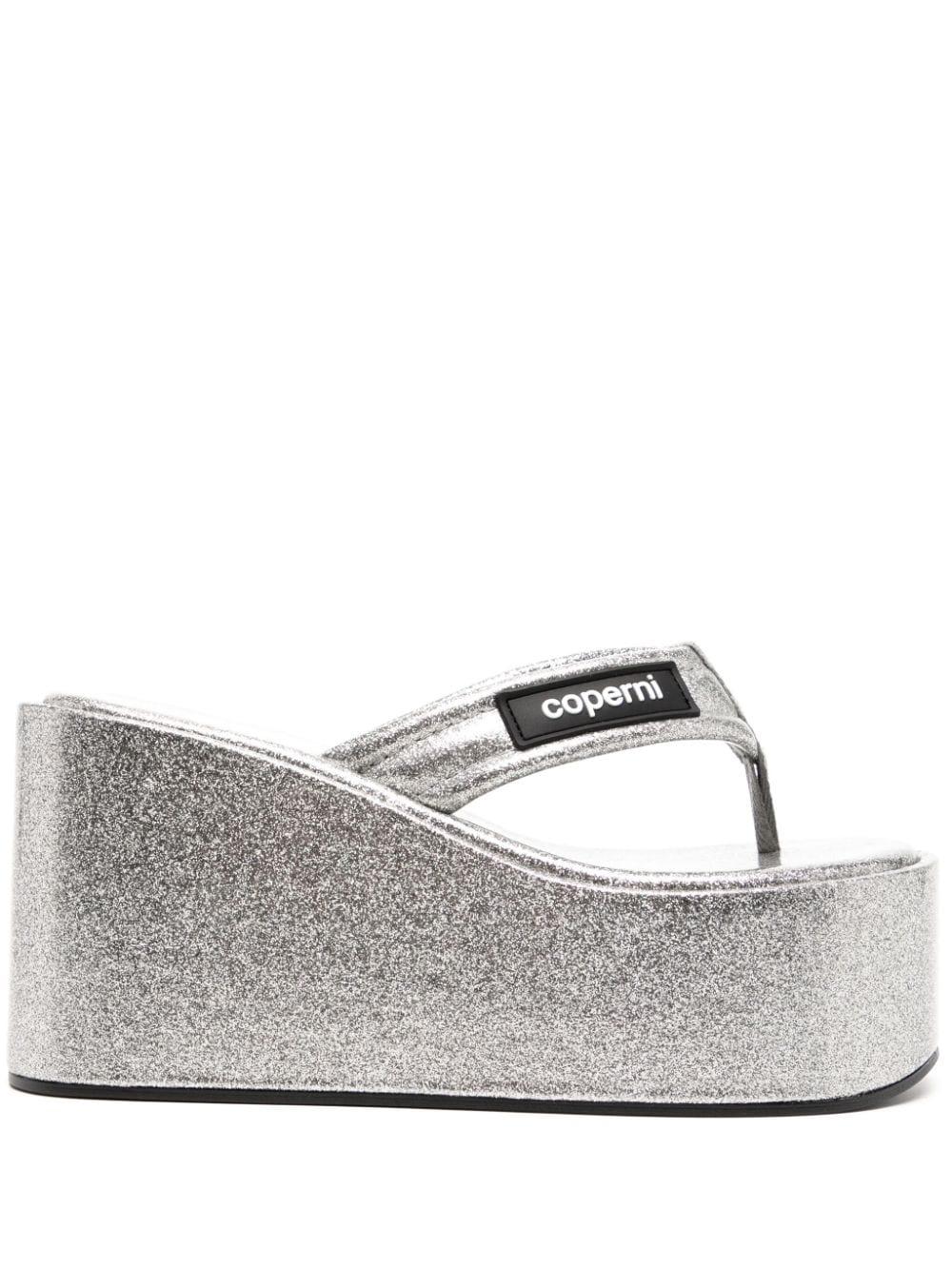 glitter branded wedge mules