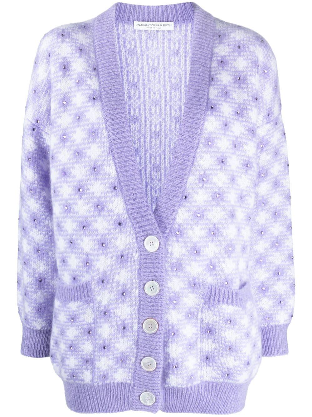 vichy-intarsia crystal-embellished cardigan