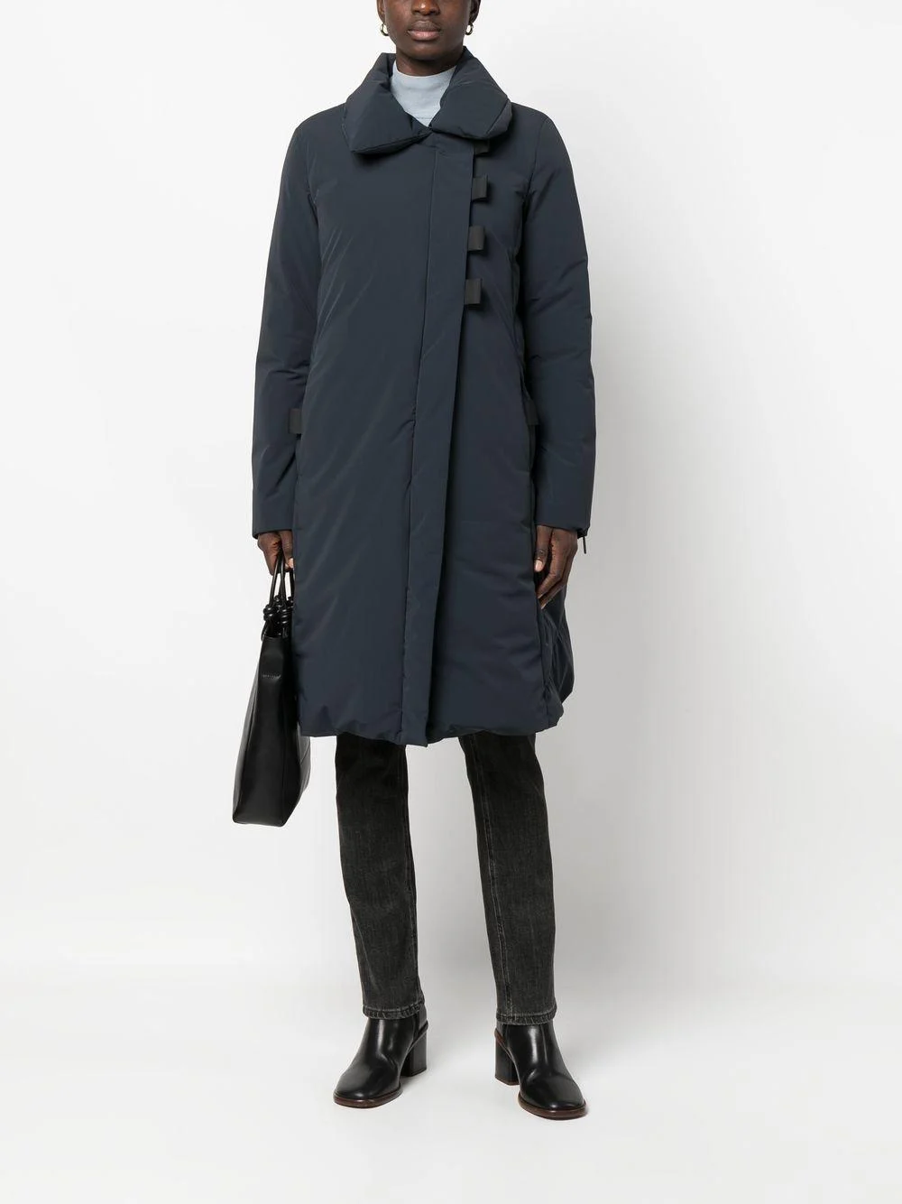 padded asymmetric mid-length coat