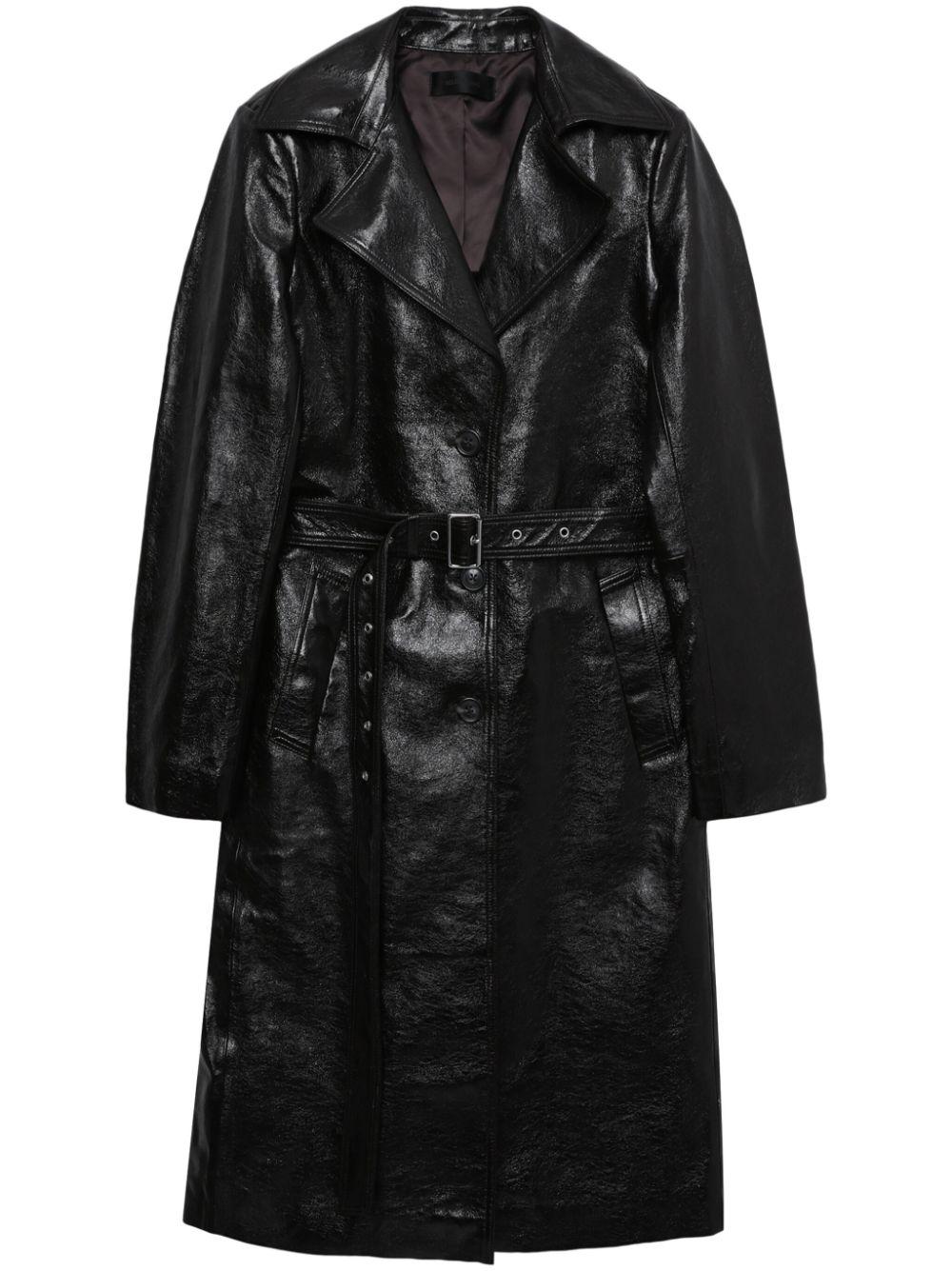 notched-lapels leather coat 