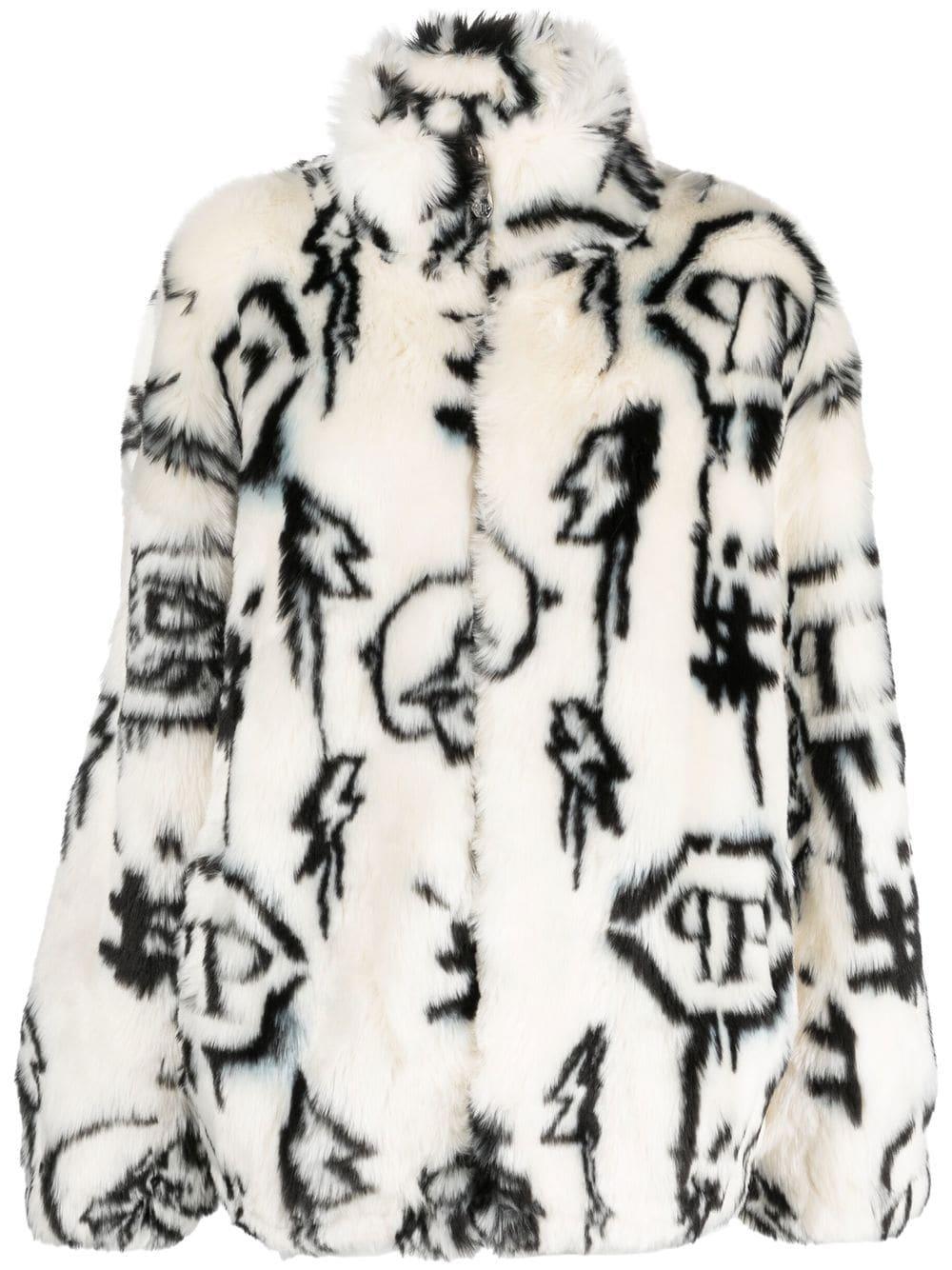 monogram-print faux fur coat 