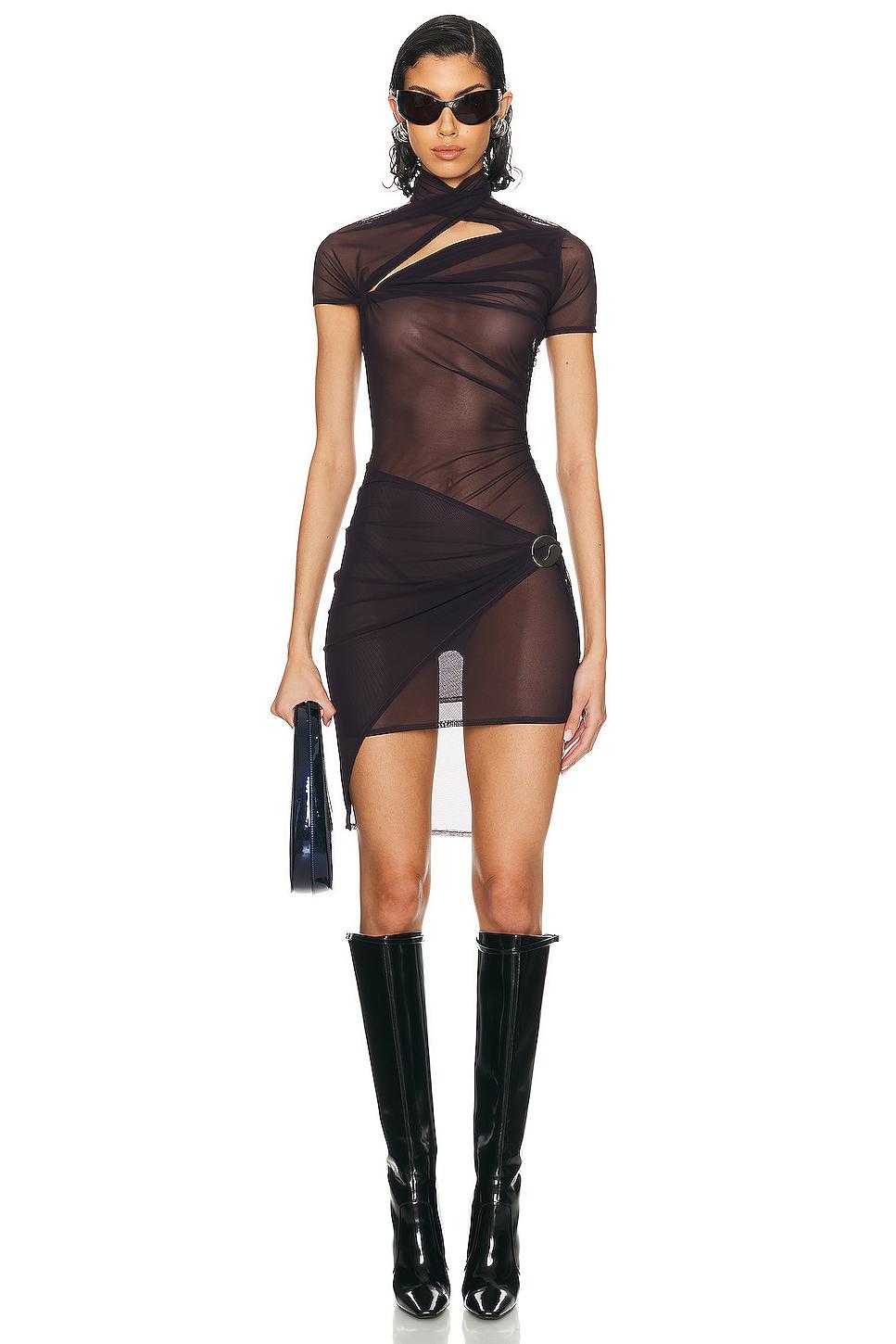 Asymmetric Draped Mesh Dress