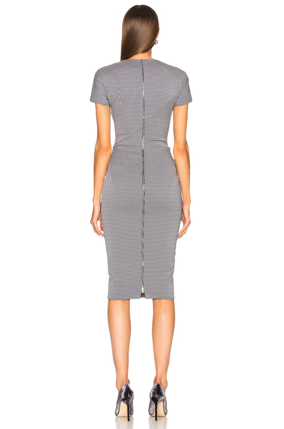 Graphic Houndstooth Paneled Fitted Midi Dress