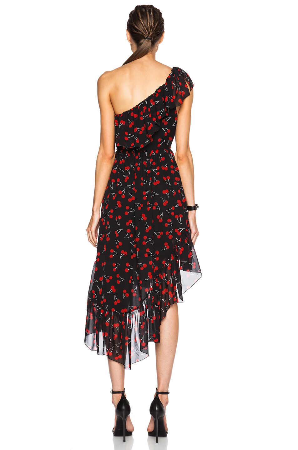 Cherry Georgette One Shoulder Ruffle Dress