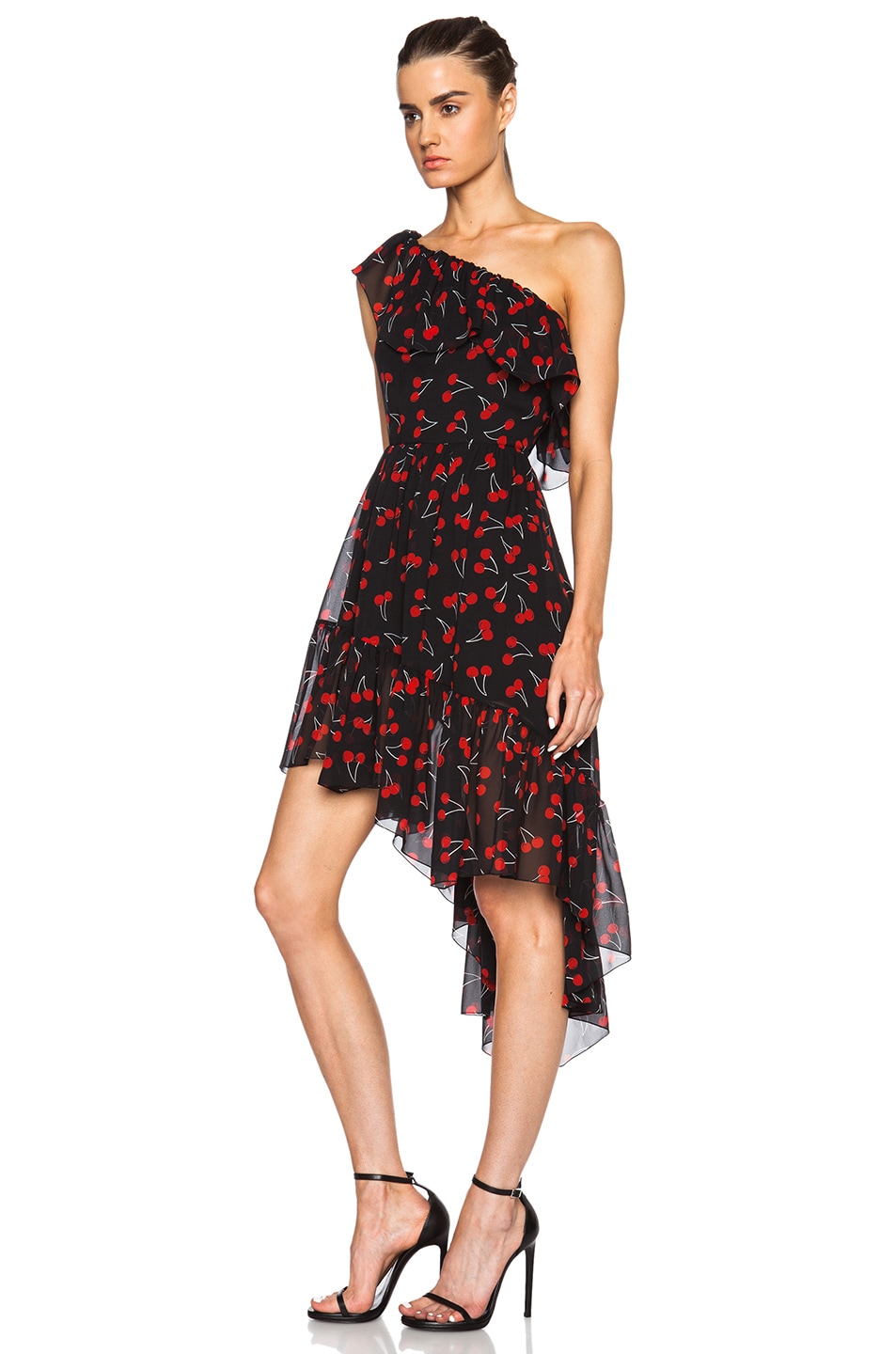 Cherry Georgette One Shoulder Ruffle Dress