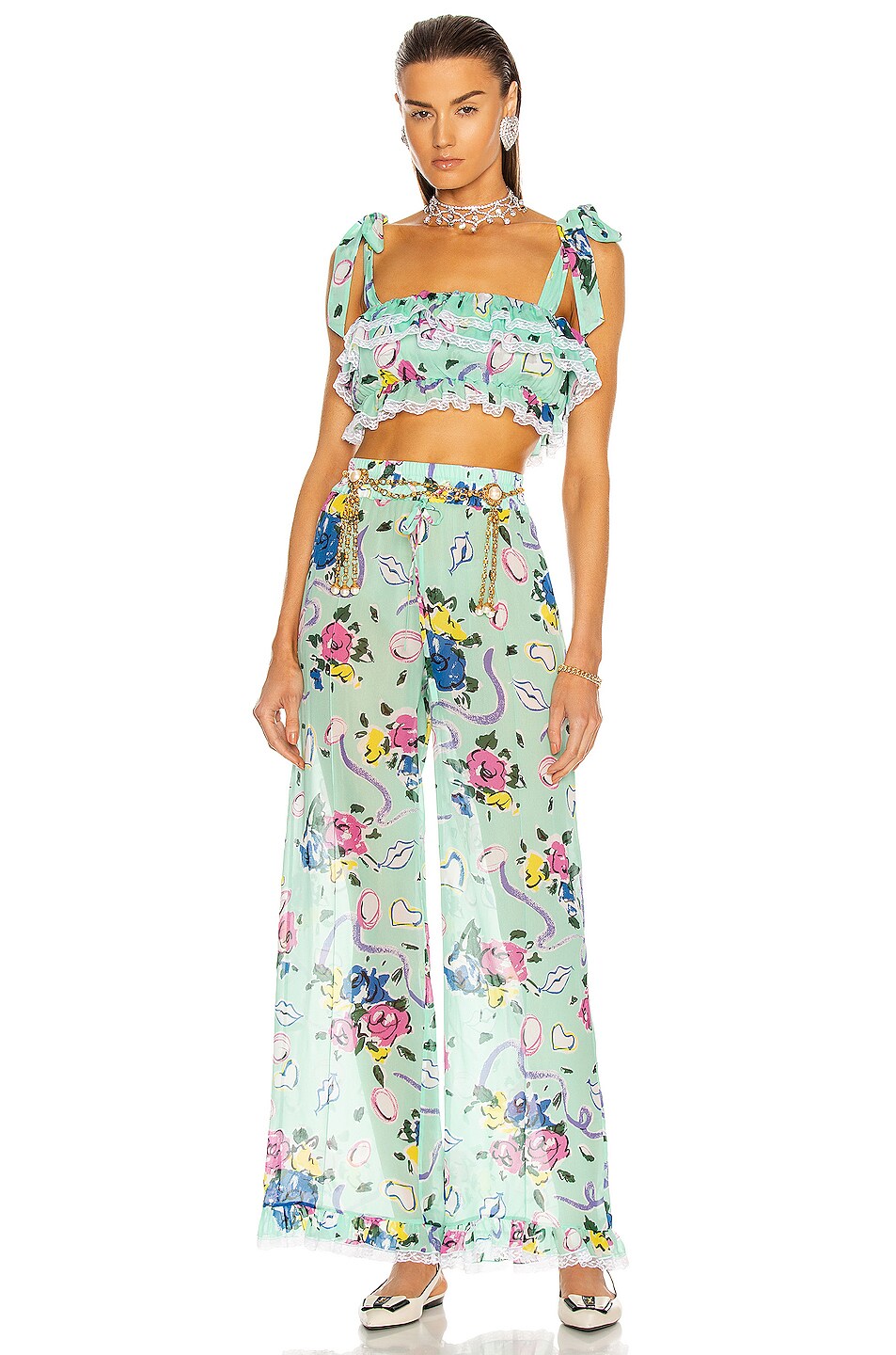 Floral Ribbon Print Palazzo Pant