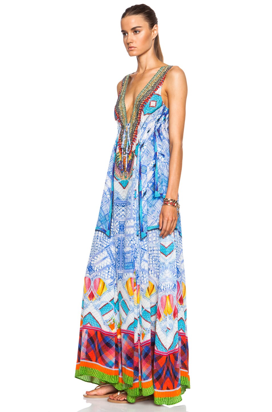 Long V Neck Drawstring Silk Dress