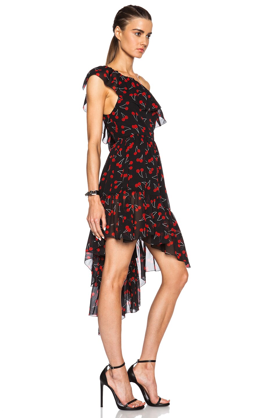 Cherry Georgette One Shoulder Ruffle Dress