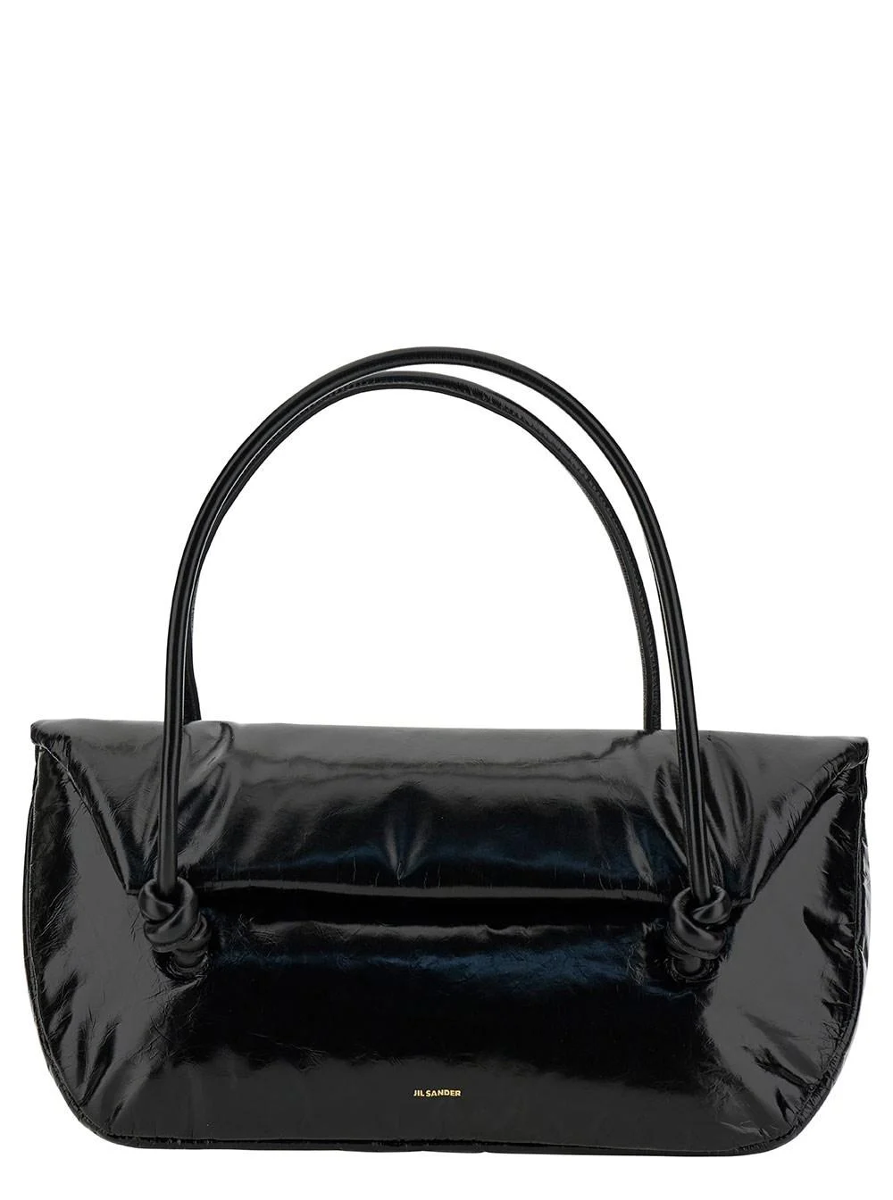 Black Handbag with Embossed Logo in Leather Woman