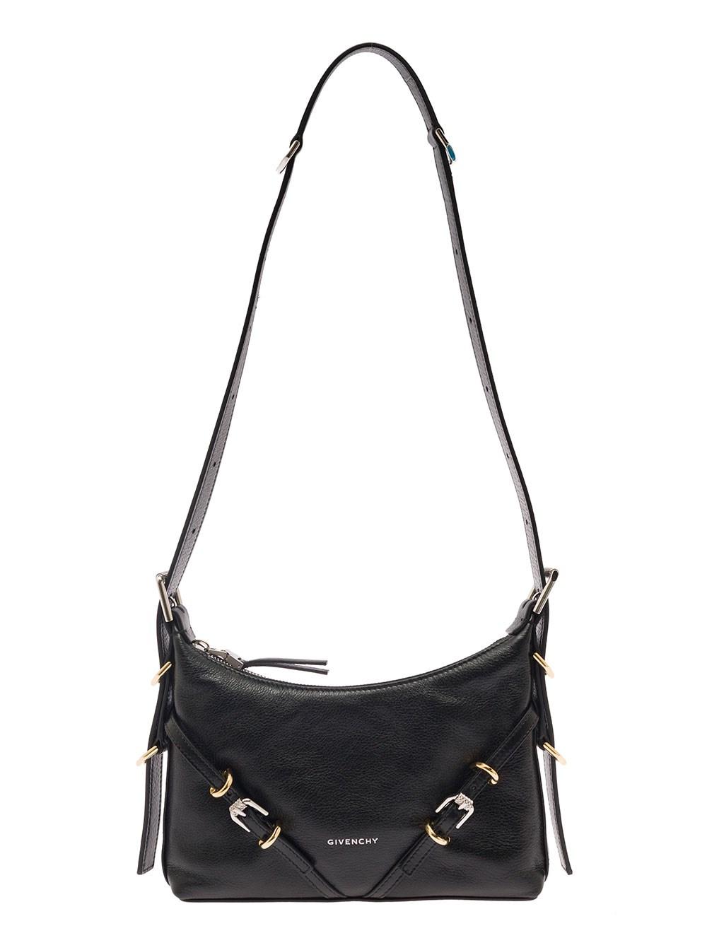 'Mini Voyou' Black Shoulder Bag with Buckles Embellishment in Hammered Leather Woman