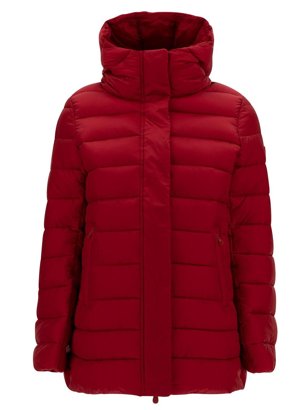 'Drimia' Long Red Down Jacket with Tonal Logo Patch in Shiny Leather Woman