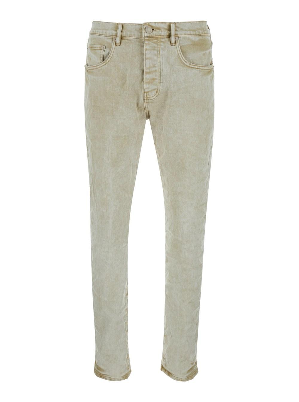 Beige Five-Pocket Jeans with Logo Patch in Cotton Blend Denim Man