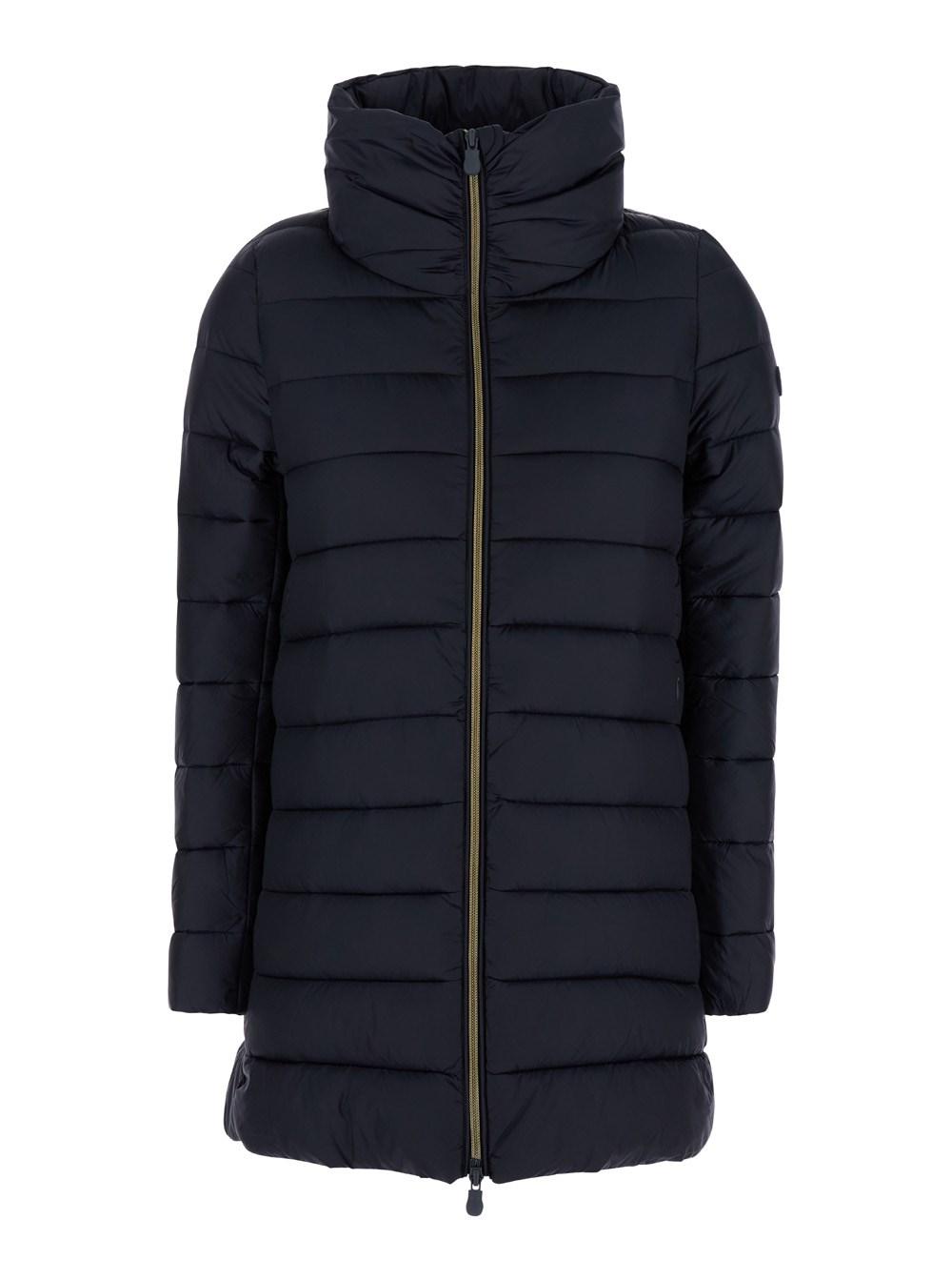 'Lydia' Blue Down Jacket with Funnel Neck in Shiny Fabric Woman