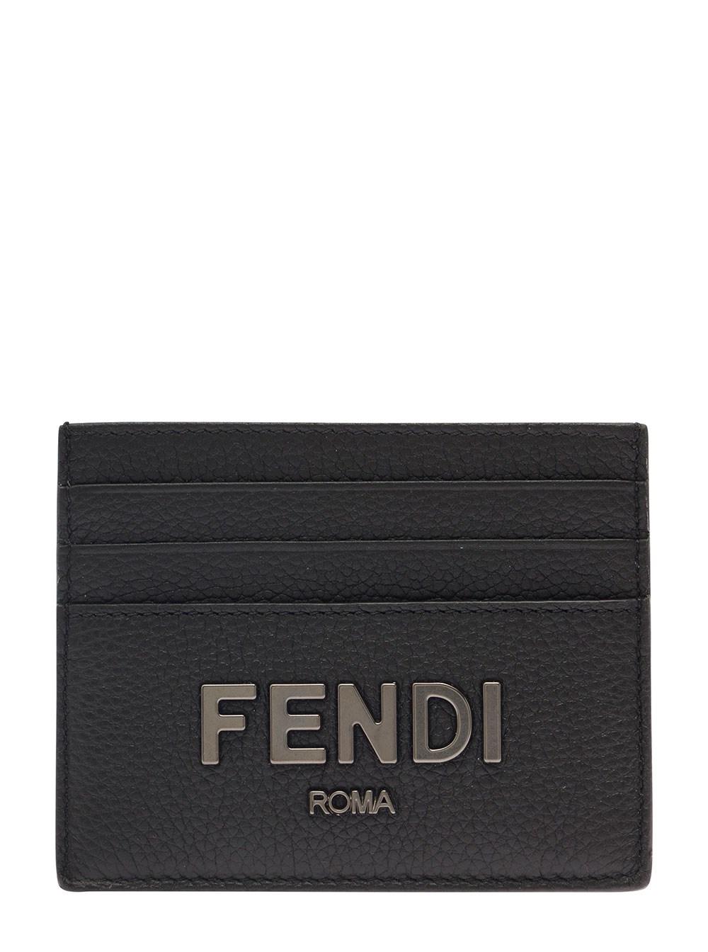 Black Card-Holder with Metal Logo in Relief in Leather Man