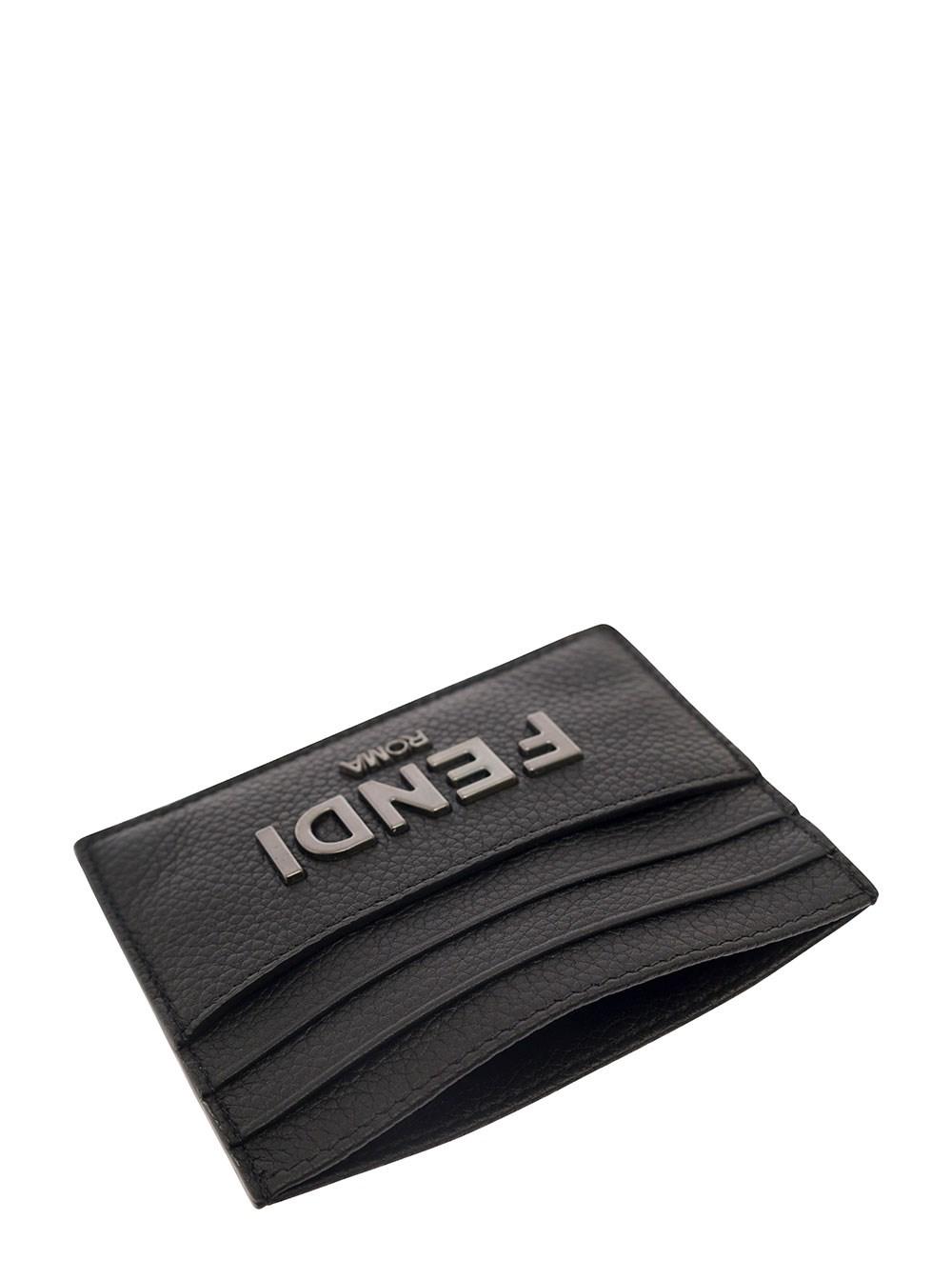 Black Card-Holder with Metal Logo in Relief in Leather Man