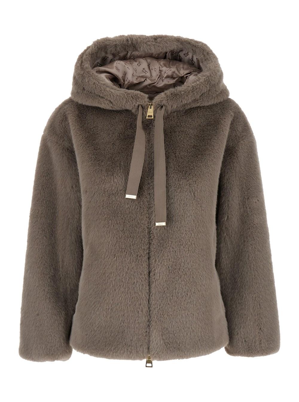 Grey Jacket With Drawstring Hood In Ecofur Woman