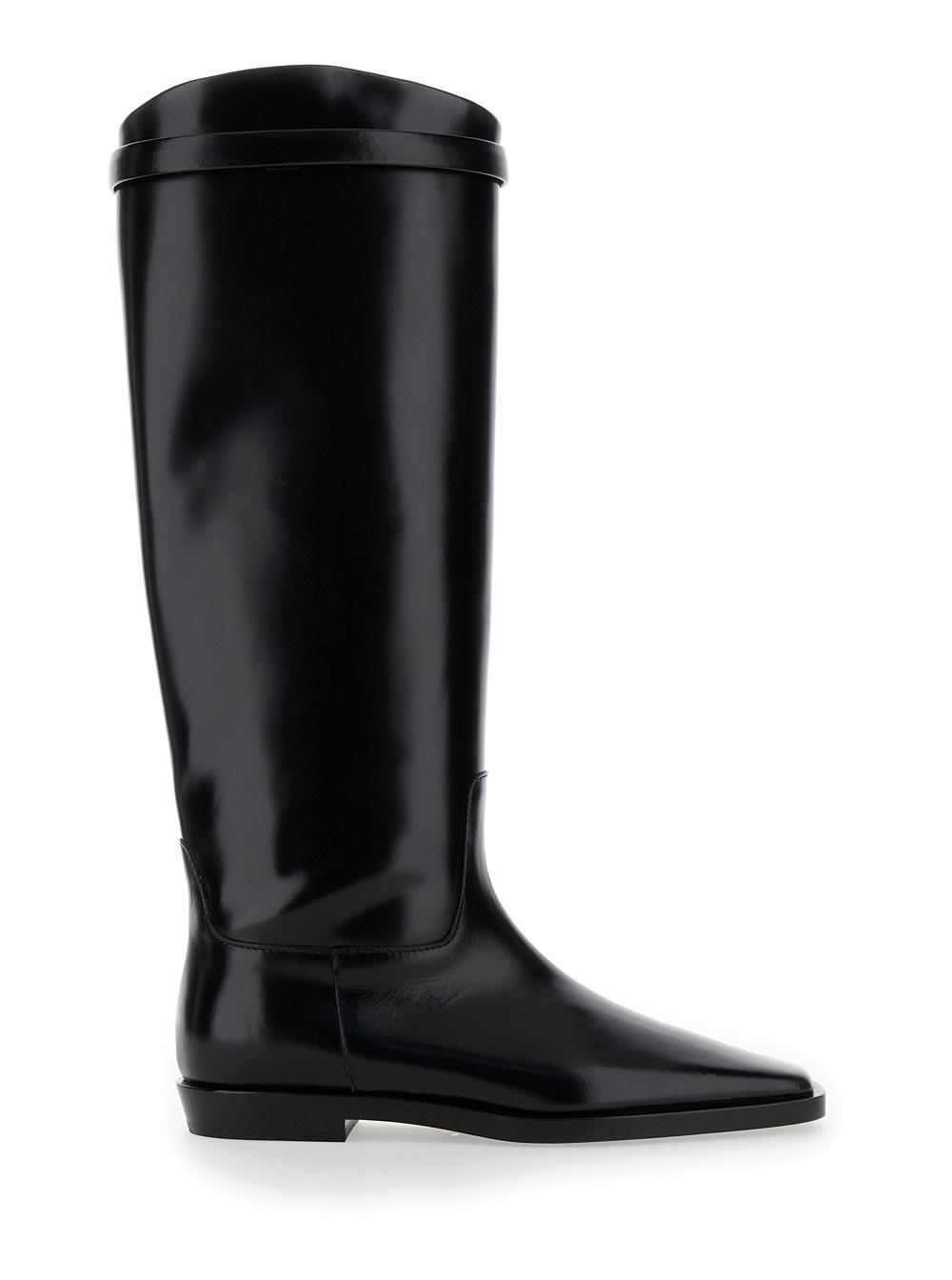 'The Riding Boot' Black Knee-High Boots with Embossed Logo in Leather Woman