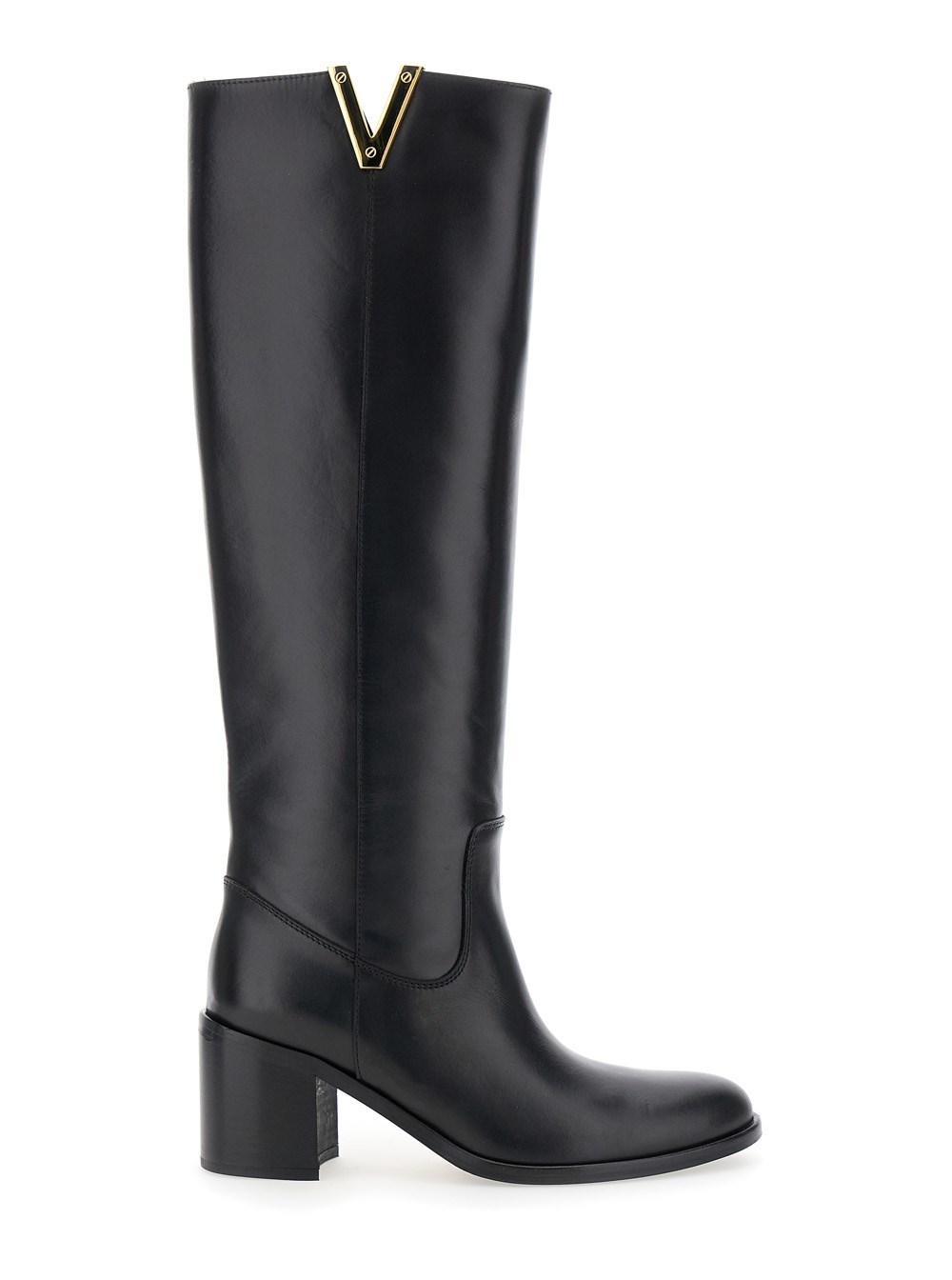 Black Heeled Knee Boots in Leather Woman