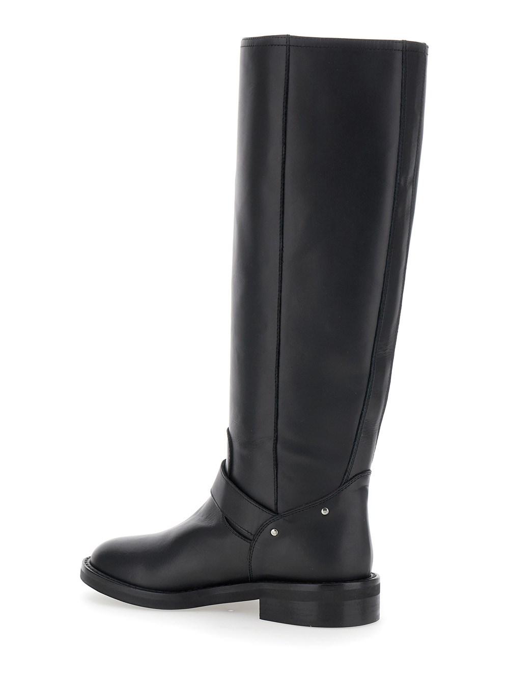 Black Knee Boots with V-Lateral Detailing in Leather Woman