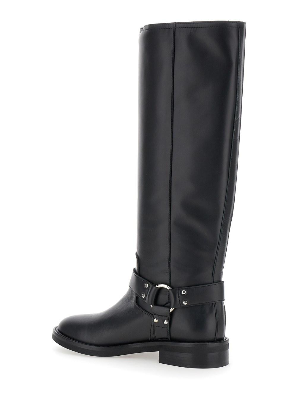 Black V-Detailed Knee Boots in Leather Woman