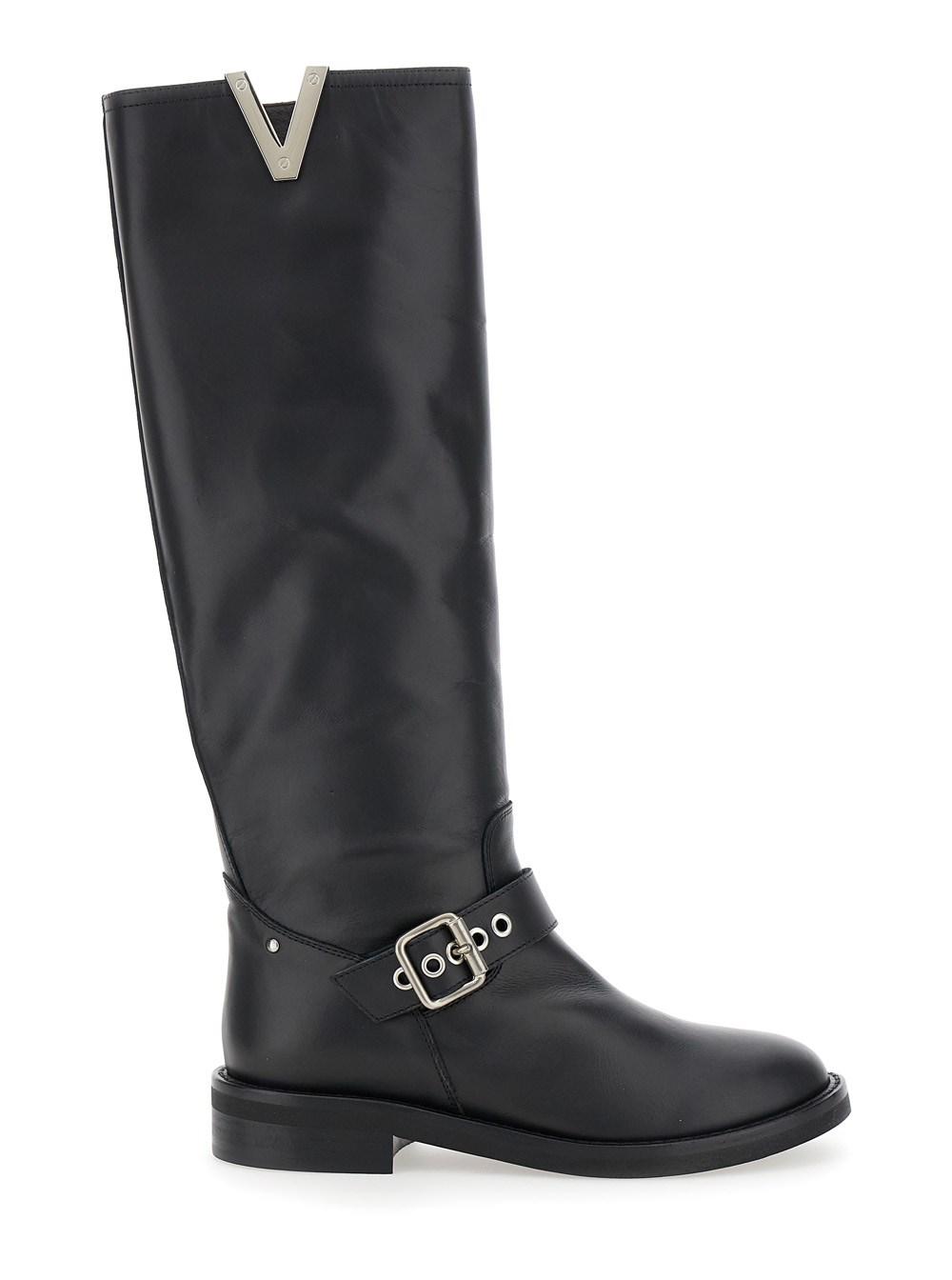 Black Knee Boots with V-Lateral Detailing in Leather Woman