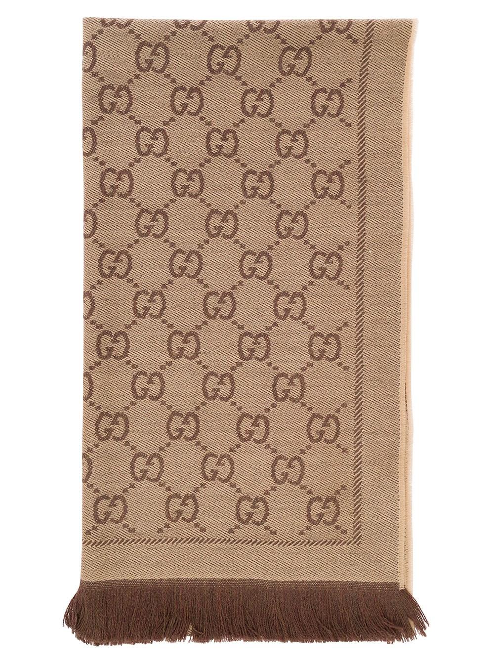 Beige Knit Scarf with Jacquard GG Motif in Wool Woman