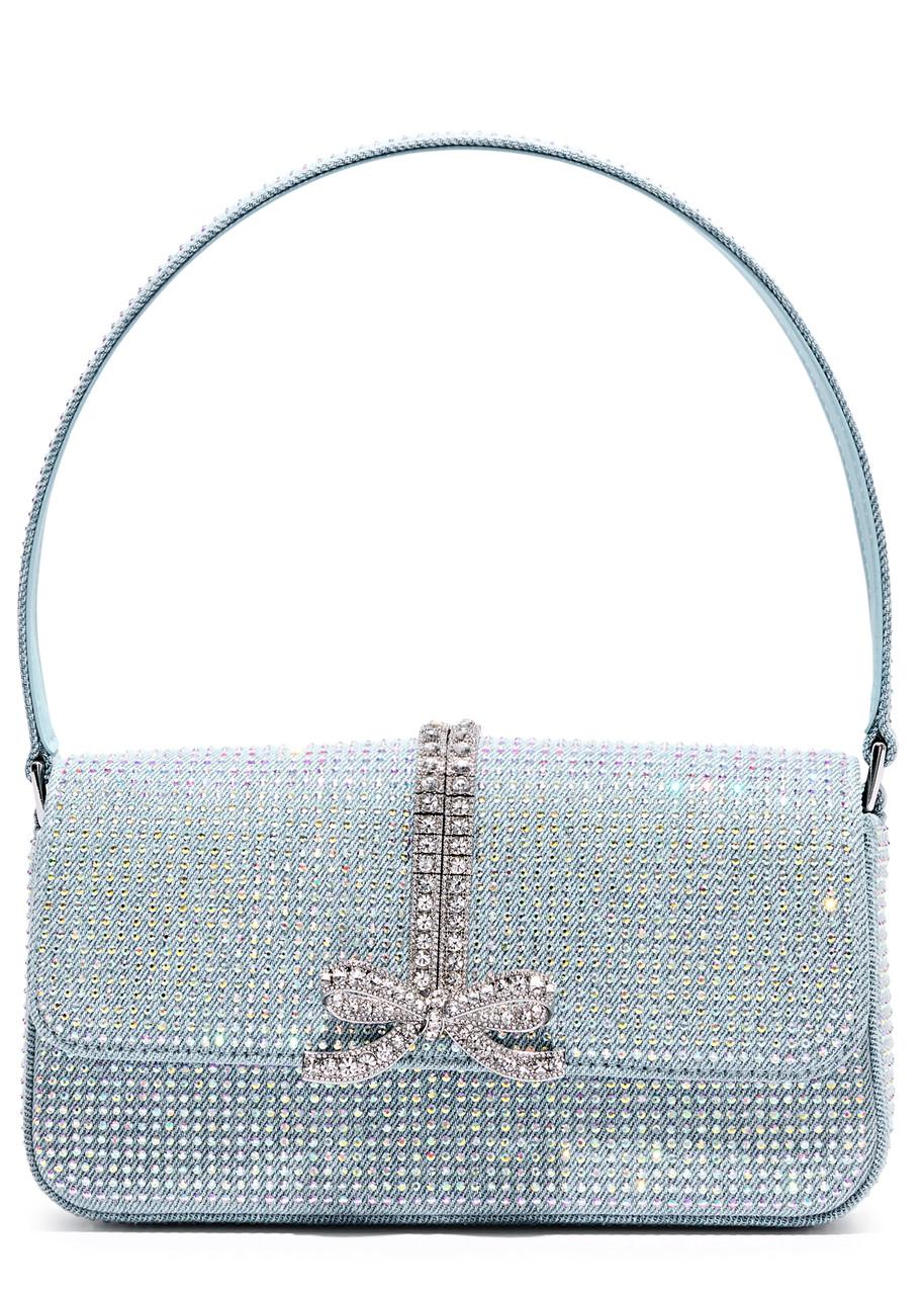 Bow crystal-embellished denim top handle bag