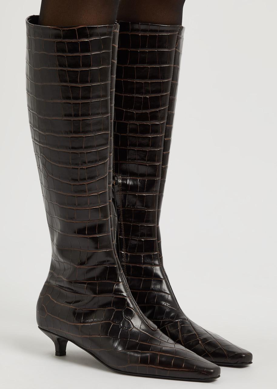 40 crocodile-effect leather knee-high boots 