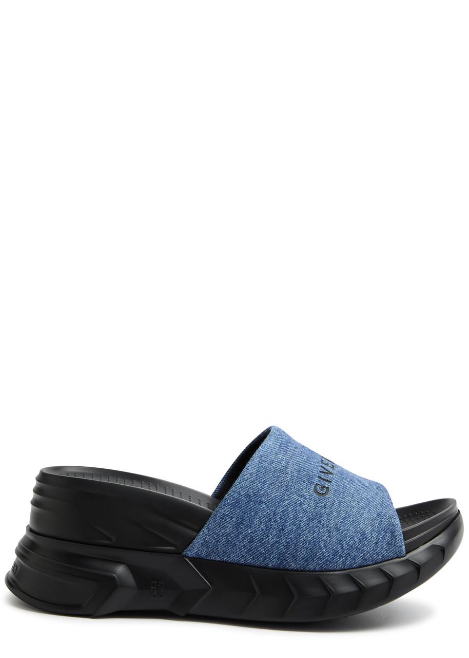 Marshmallow Denim Logo Wedge Slide Sandals